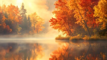 jesień, krajobraz, mgła, ciepłe kolory, drzewa, natura, poranek, mglista atmosfera, pejzaż, ilustracja, pomarańcz