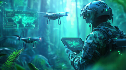 soldier operates advanced drones in lush, green jungle environment, showcasing integration of technology in modern warfare. scene highlights use of digital interfaces and surveillance capabilities