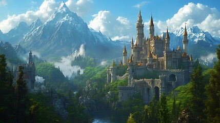 A fantasy kingdom in 4D animation with evil queens ruling over animated elves, fairies, and magical animals, with enchanted castles towering over mystical forests 