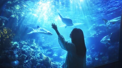 Asian young woman enjoy learning sea life in fish tank at Underwater Zoo Aquarium,Young woman touches a fish in an oceanarium tunnel,visitor in the aquarium looking at the fish through the glass.