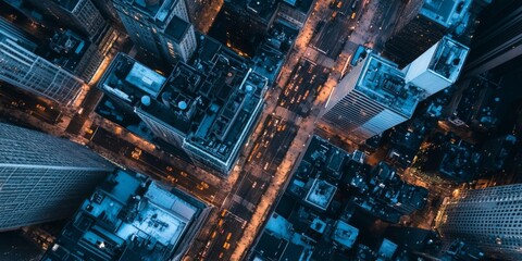A breathtaking aerial view of an urban cityscape showcasing roads and various buildings