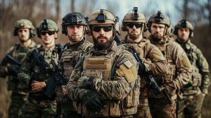 A group of soldiers in camouflage gear and helmets stand in a forest with their rifles in hand.