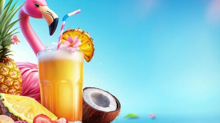 A flamingo is drinking a tropical drink with a straw