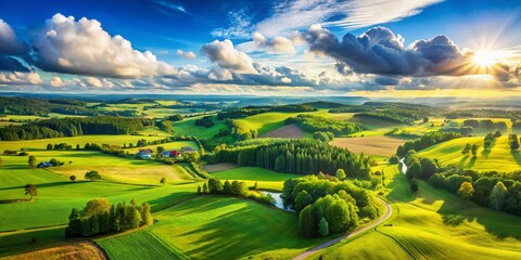 Breathtaking Lithuanian Landscape with Lush Green Fields and Serene Blue Sky Under Bright Sunlight