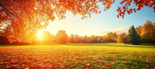 A serene, autumn park with fallen leaves and a large clear sky area for text