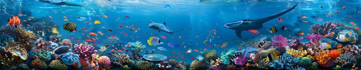 A panoramic view of the underwater world, showcasing vibrant coral reefs teeming with colorful fish and sea creatures in their natural habitat