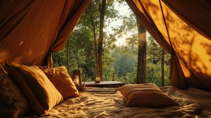 Tent with pillows positioned by an open window in the morning light