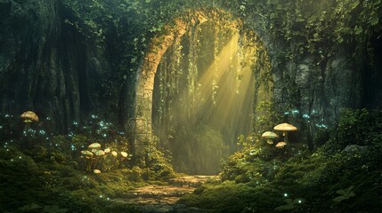 Enchanting hidden alcove nestled in a lush verdant forest featuring a majestic stone archway draped in a cascade of vines and moss bioluminescent mushrooms