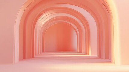 Surreal 3D render of an abstract arch tunnel with a peach pastel vertical background capturing a dreamy interior concept in a soft color palette