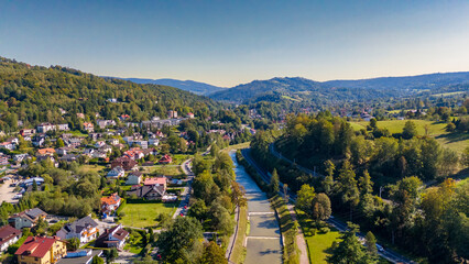 Widok na miasto Wisła,zdjęcie z drona