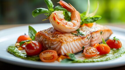 A beautifully plated dish featuring salmon, prawns, cherry tomatoes, and fresh basil drizzled with a vibrant sauce.