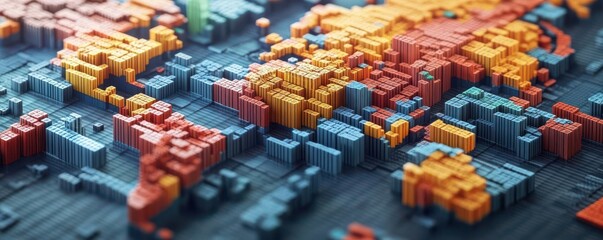 A colorful 3D representation of a world map, showcasing vibrant regions and intricate details in modern design.