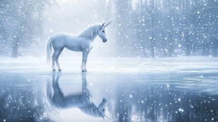 A majestic unicorn stands in a snowy landscape, its reflection shimmering on the icy surface amidst softly falling snowflakes.