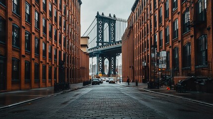 Manhattan Bridge in New York City, view from the street between brick buildings, New York City, Architectural photography.