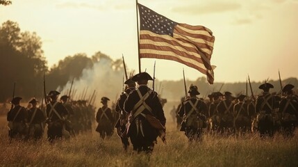 Patriotism Reborn: Spectacular Revolutionary War Battle Reenactment with Soldiers in Period Costumes and American Flag
