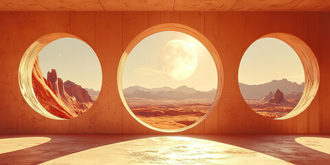 A desert landscape with a large moon in the sky