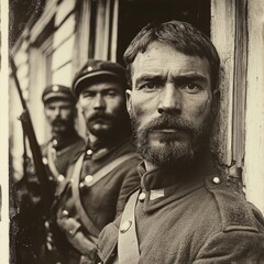 Three soldiers from the First World War stand in a doorway displaying their weapons with serious expressions highlighting the gravity of their duty during this historic conflict.