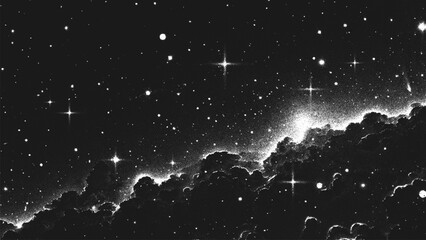 Deep space scene background in stippling style with amazing huge nebula and glowing stars cluster in universe. Retro styled dotwork. Pointillism. Noisy grainy shading using dots. Vector illustration