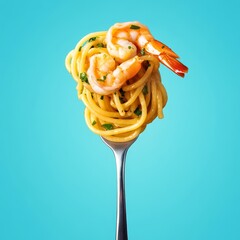 Fork with shrimp pasta against a bright blue background, showcasing delicious seafood and Italian cuisine in a vibrant, minimalist style.