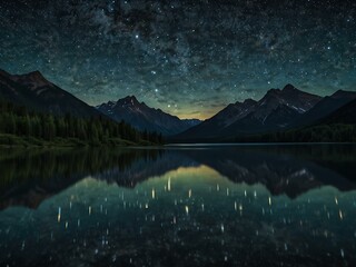 Starry night over mountains reflecting on a calm lake, serene and cosmic.