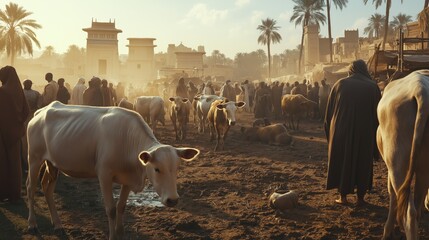 cattle in Egypt with Egyptians around them, suddenly falling to the ground dying for unknown causes