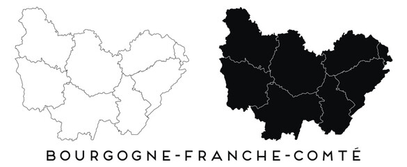 Bourgogne Franche Comte map of regions districts vector black on white and outline