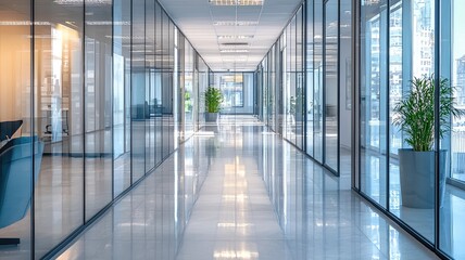 A modern office hallway with glass walls, showcasing a bright and spacious environment suitable for professional work.