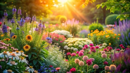 Patch of perennial garden flowers in soft dawn light, seen from a macro perspective