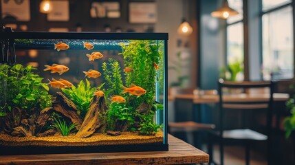 A vibrant aquarium filled with goldfish and aquatic plants in a cozy café setting.