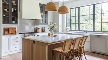 Modern kitchen design featuring an island with rattan chairs, large windows, and natural light, perfect for family gatherings