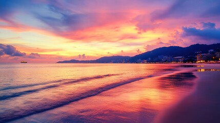 The stunning view of Patong Beach at sunset, with golden sands and vibrant nightlife in the background.