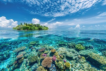 Beautiful blue ocean with a coral reef and a small island in the middle