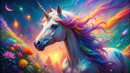 Whimsical Unicorn Art with Vibrant Colors and Dreamy Background Perfect for Fantasy Enthusiasts