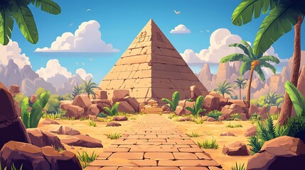 Ancient Egyptian Pyramid with Palm Trees and Desert Landscape Illustration