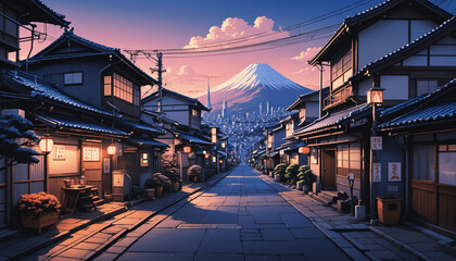 anime wallpaper of Tokyo streets, showcasing Japanese city life with eco-friendly vibes, beautiful backgrounds, and a blend of street lamps, lanterns, architecture, and mountain views, perfect for cap
