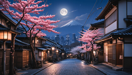 anime wallpaper featuring Tokyo and Japanese streets during cherry blossom season, blending eco-friendly city views, beautiful backgrounds, and village architecture, with light-filled skies