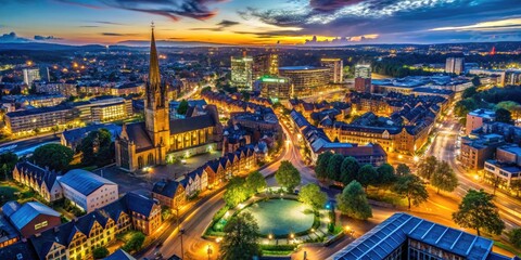 Aerial View of Coventry City Center in England Showcasing Historic Architecture and Modern Landmarks