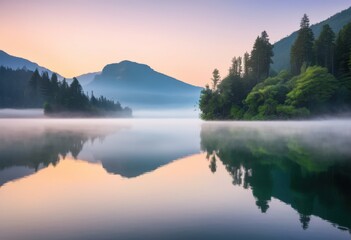 stunning serene lake reflection dawn featuring gentle mist calming water surfaces inviting tranquility natural beauty, aesthetic, ambiance, daylight, dew