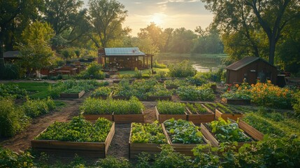 A lush vegetable garden with raised beds in a rural setting, framed by trees and a lake, with a sunset in the background.