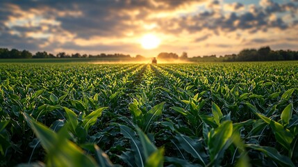 Tractor Spraying Pesticides Over Agricultural Field