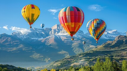 Colorful hot air balloons flying over french alps mountains landscape
