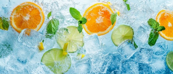 water with ice cubes and citrus fruits floating