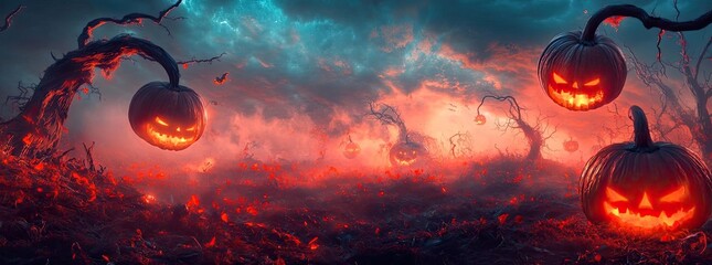 A spooky Halloween scene with glowing pumpkins in a mystical landscape, perfect for autumn festivities and horror themes.