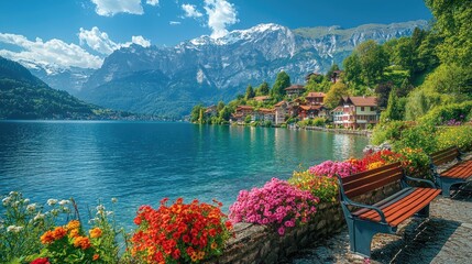 Wooden bench inviting you to sit and enjoy the view of the swiss alps reflecting in the lake
