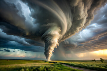 Oblique Shot of a Tornado, large tornado working its way across fields. 3D rendering