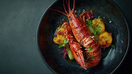Boiled lobster with vegetables on a black stone plate. Seafood. Top view. place for text