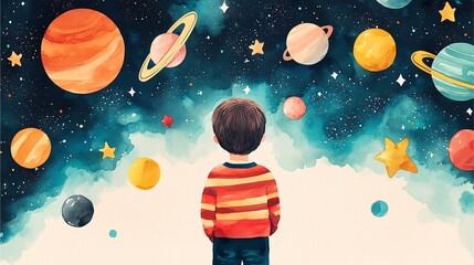 A young boy gazes at a colorful cosmic scene filled with planets and stars, evoking wonder and imagination.