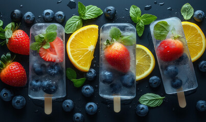 Fruit ice lolly, with berries and citrus slices on a dark background.