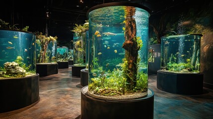 Cylindrical Aquariums with Fish and Underwater Vegetation
