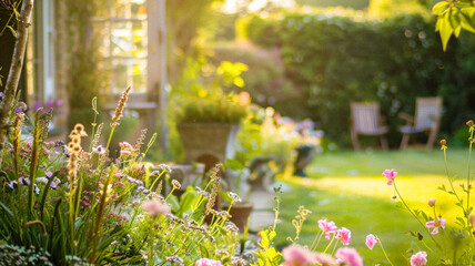 Cottage garden decor and landscape design, outdoor furniture and countryside house patio terrace, country cottage style idea